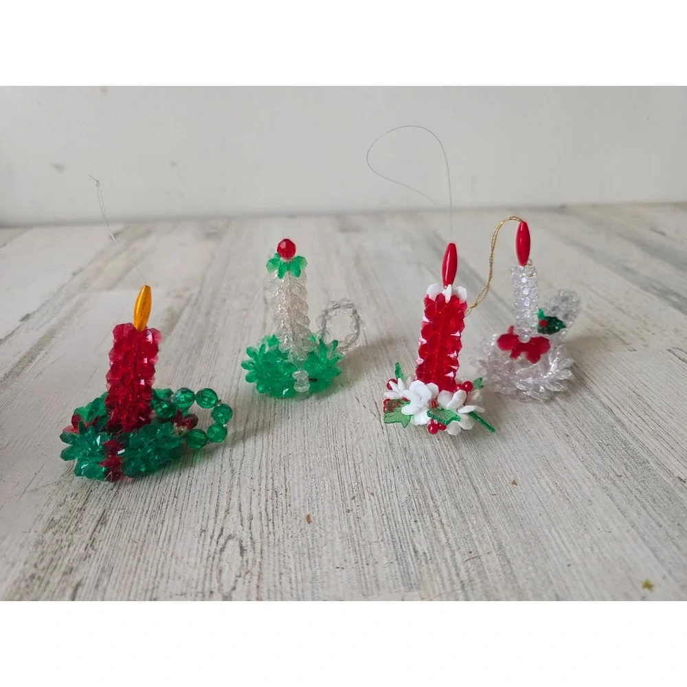 Vintage beaded candle ornament Red Green set Xmas tree